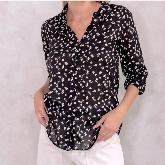 Nili Lotan Libby Button-Up shirt in Black/Ivory Floral Size Small - Picture 1 of 9